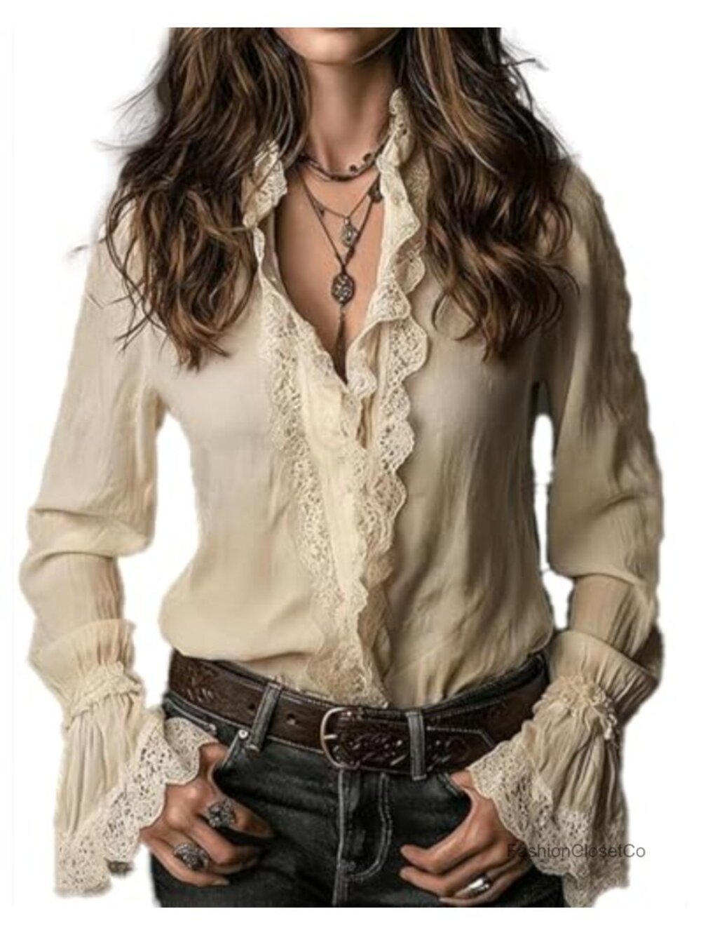 Women's Lace Trim Button Down Shirt Long Bell Sleeve Ruffle Collar Blouse